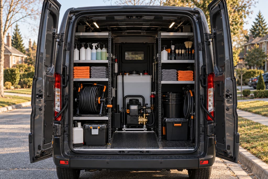 Organised detailing kit in the back of the Kestrel van: water tank, pressure washer, hose reel and towels