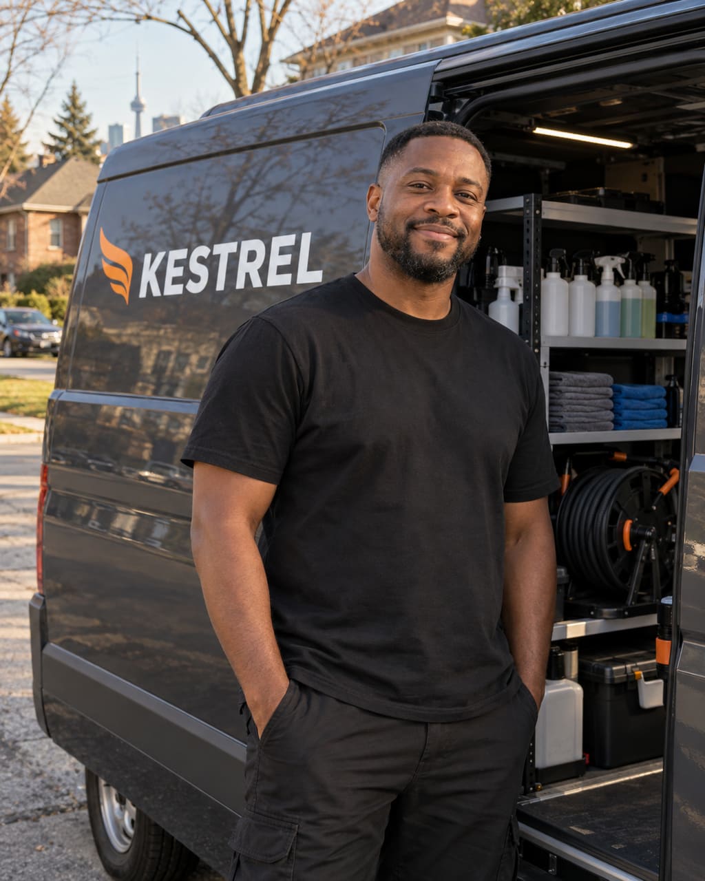 Andre Clarke standing beside the Kestrel van