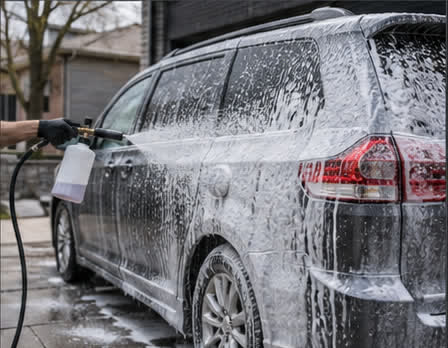 Foam pre-wash on the side of a family SUV