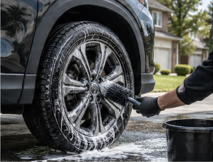 Wheel brush cleaning a black alloy rim
