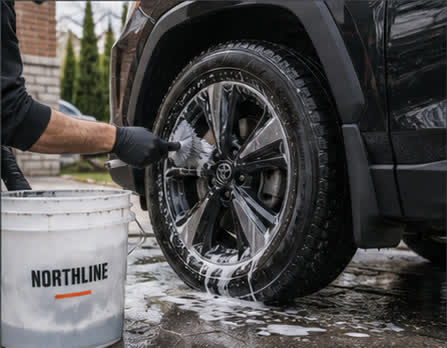 Detailer scrubbing a wheel next to a wash bucket