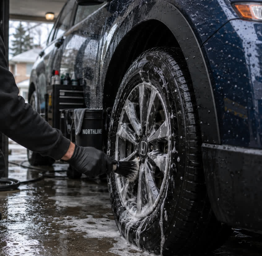 Close-up of a wheel being brushed clean